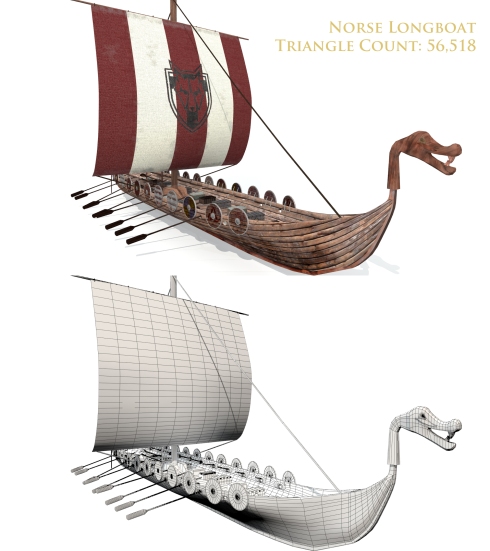 This is a beauty render of my longboat, fully textured and a wireframe render